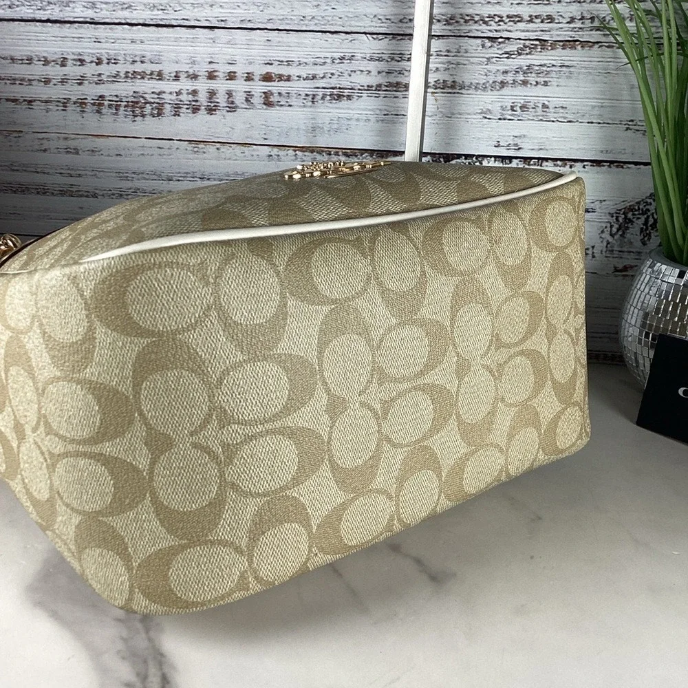 Coach Cammie Chain Bucket Signature‎ Khaki Chalk Shoulder Bag Wallet Set Purse - Picture 11 of 15